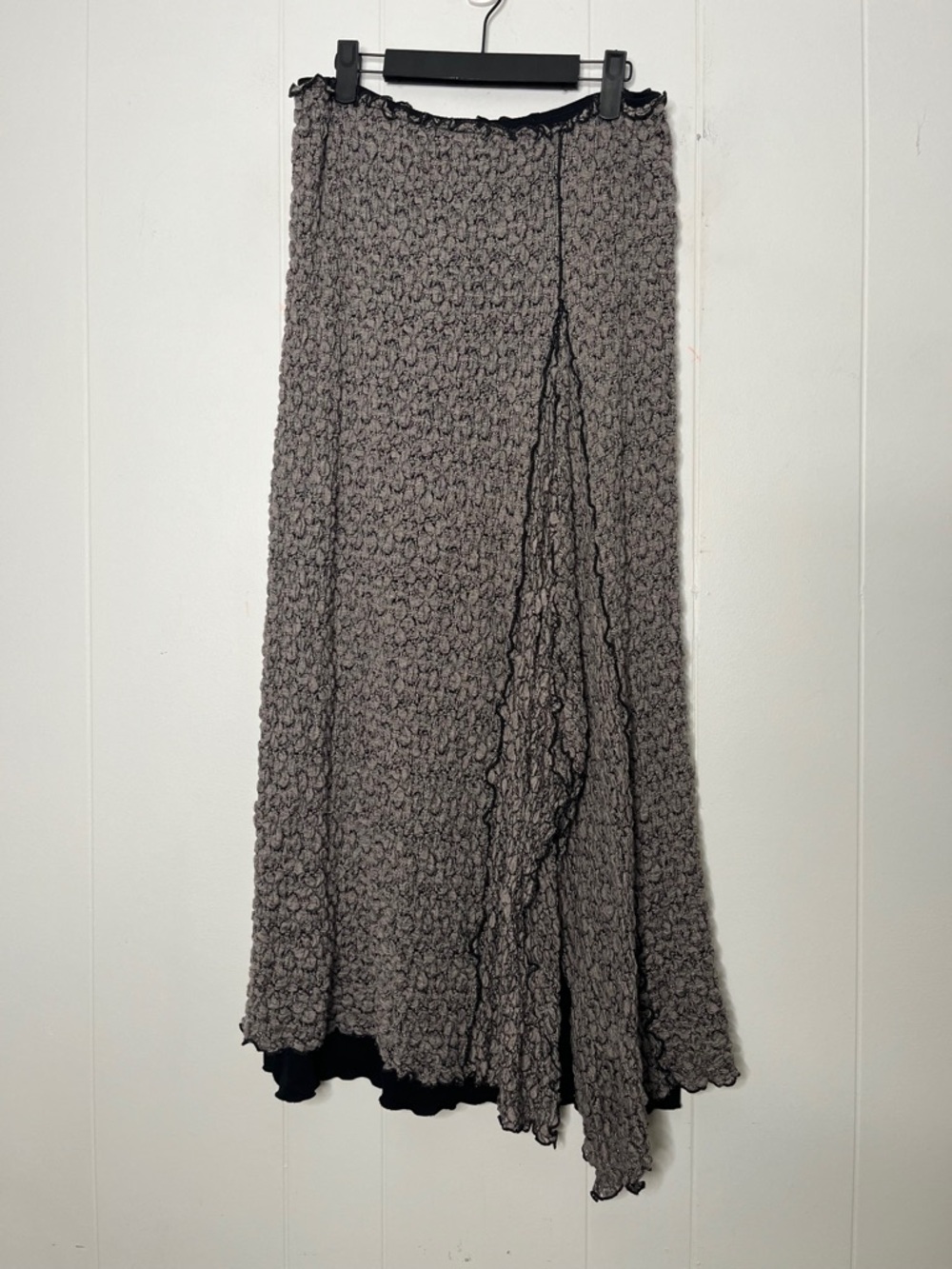 Linda Lundstorm Textured Gray Maxi Skirt with Ruffle Trim Lagenlook Size 10